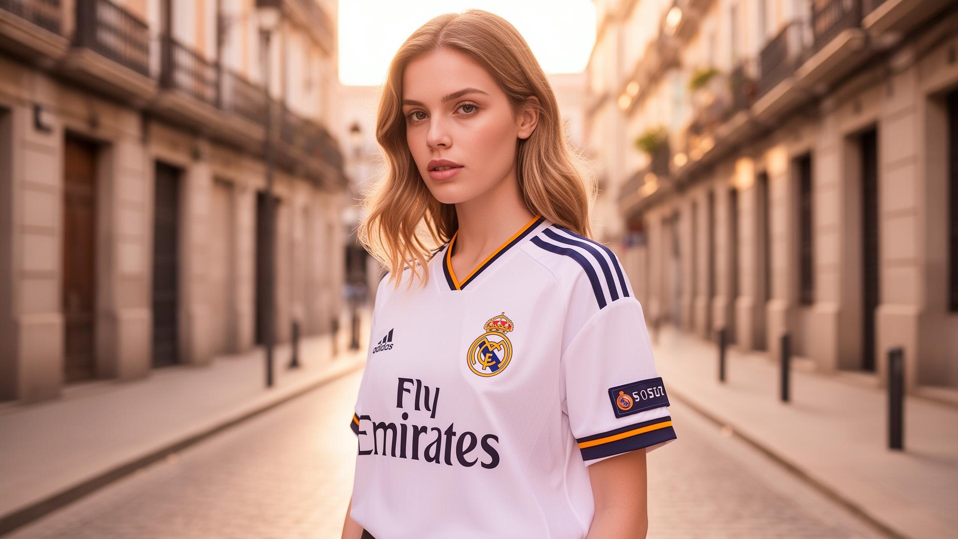 Chica con camiseta del Real Madrid por las calles de Madrid